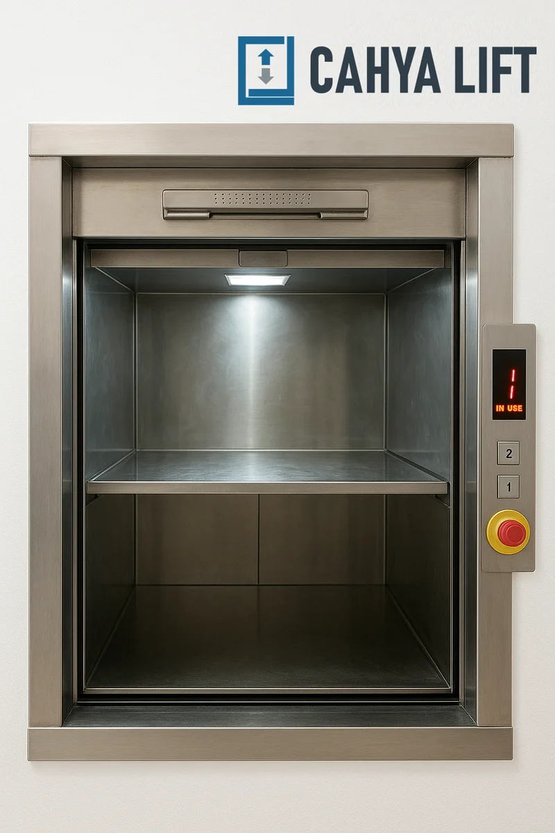 Lift makanan dumbwaiter 2 lantai kapasitas 500 kg dengan desain stainless steel