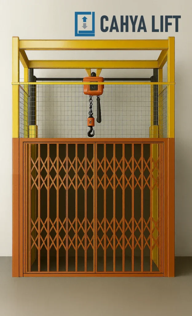 Lift barang kapasitas 1 ton untuk 3 lantai dengan pintu folding gate